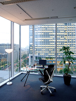 全面ガラス張りの高層ビルのオフィスにブリリアントブラックを設置