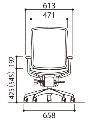 チェア本体にT型肘を取り付けた寸法図。肘部が142mm合計613mm